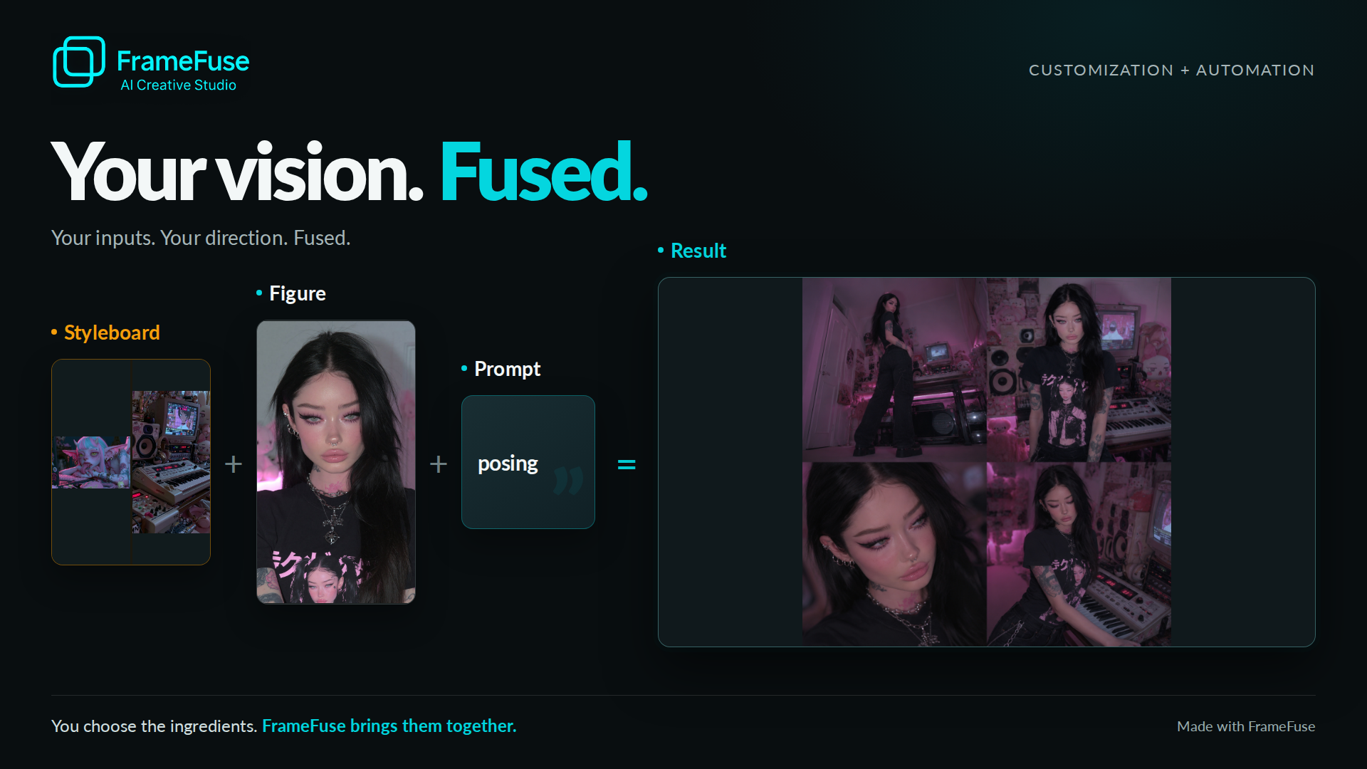 Two style references, one figure, one word: "posing". FrameFuse grades the whole
