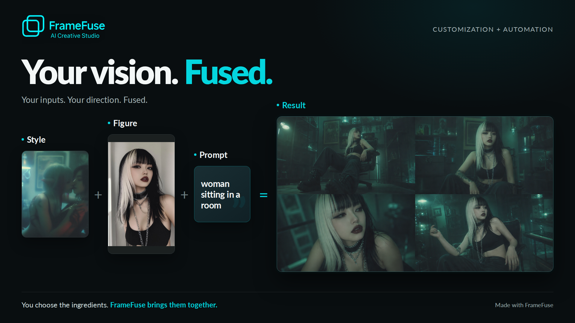 One Style reference, one figure, four words: "woman sitting in a room". FrameFus