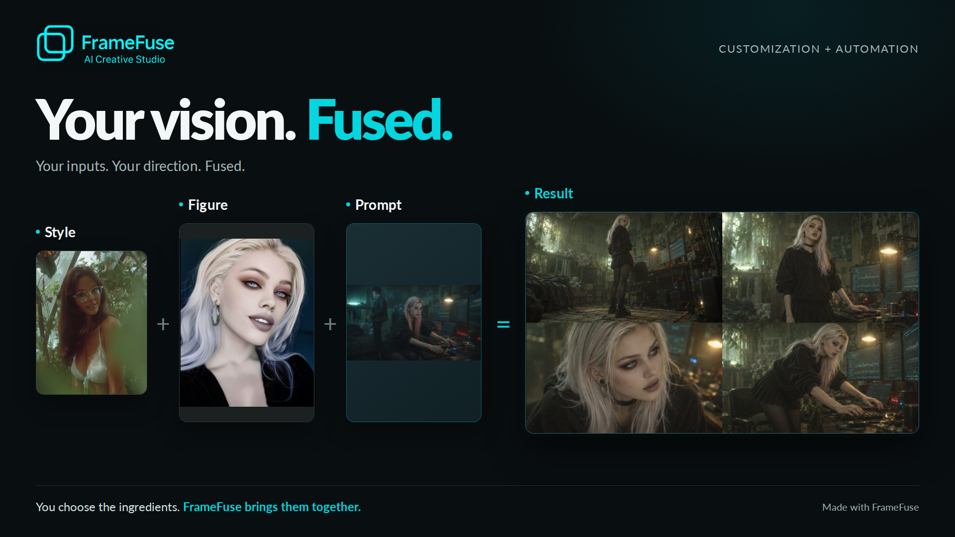 One Style reference, one figure, one visual prompt card. FrameFuse turns your in