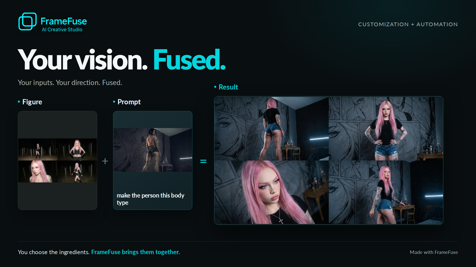One figure, one visual prompt card, one tag. FrameFuse restyles the body type an