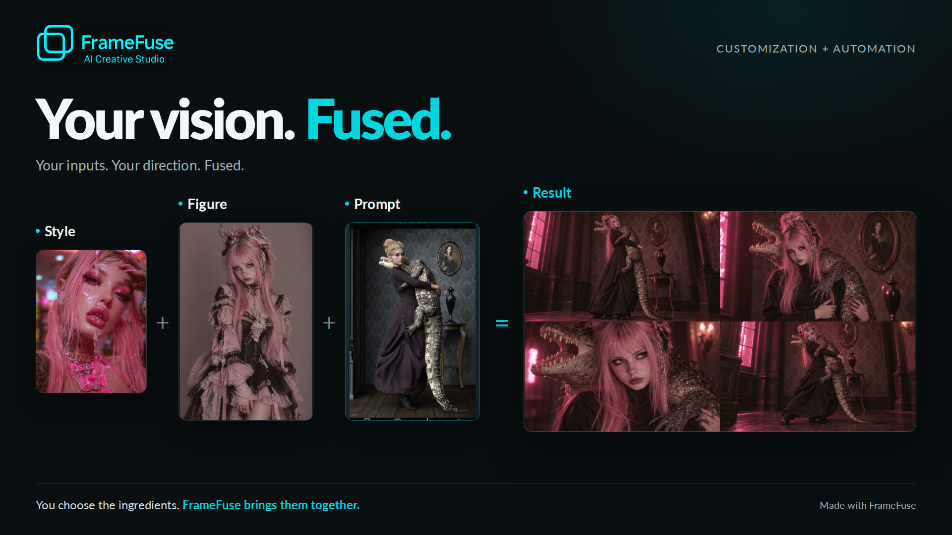 One style reference, one figure, one pose guide — and FrameFuse returns four cam